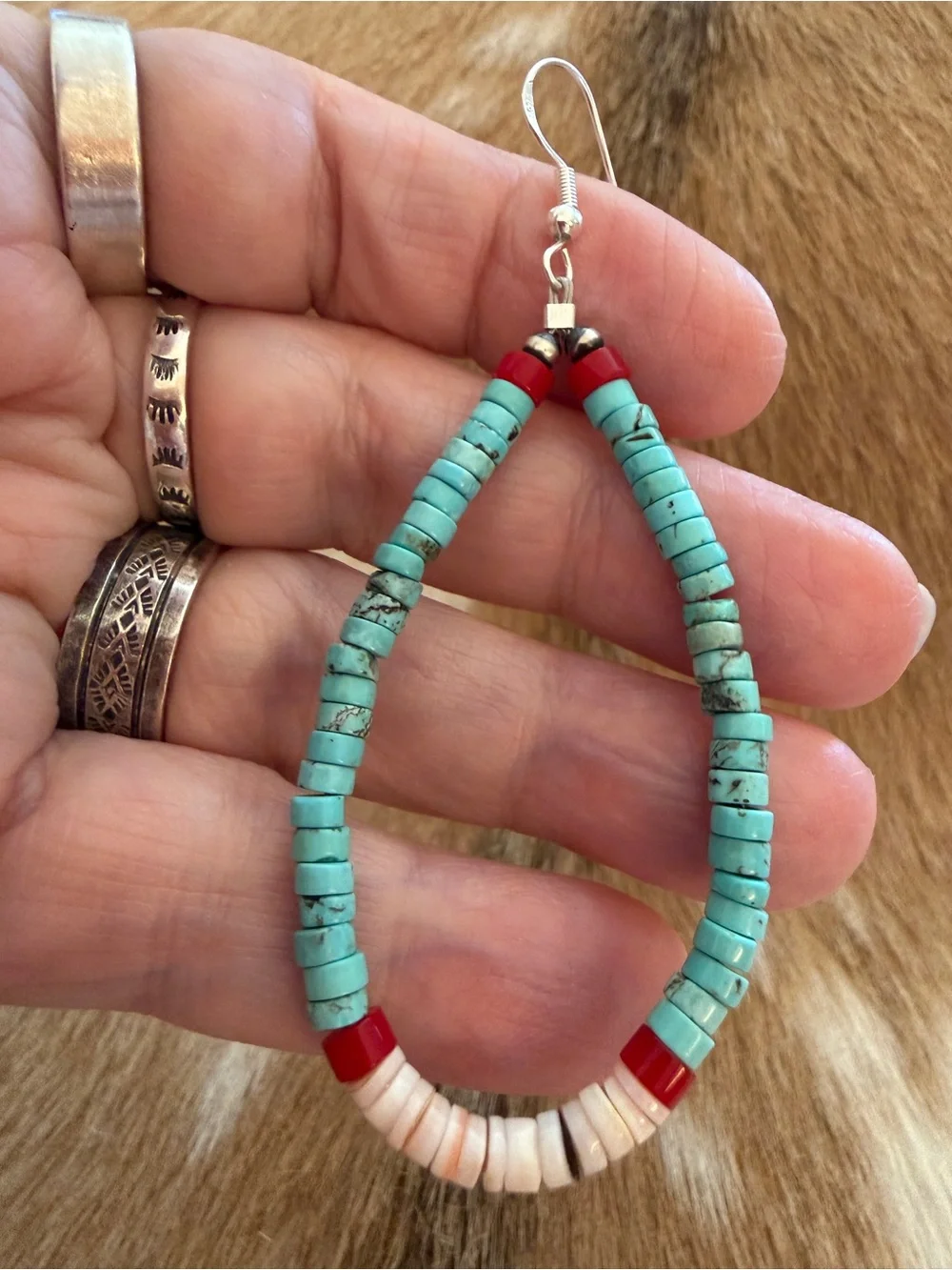 ❤️ Native American “S Duncan” Heishi Turquoise Coral Luhuanus Shell 925 Earrings